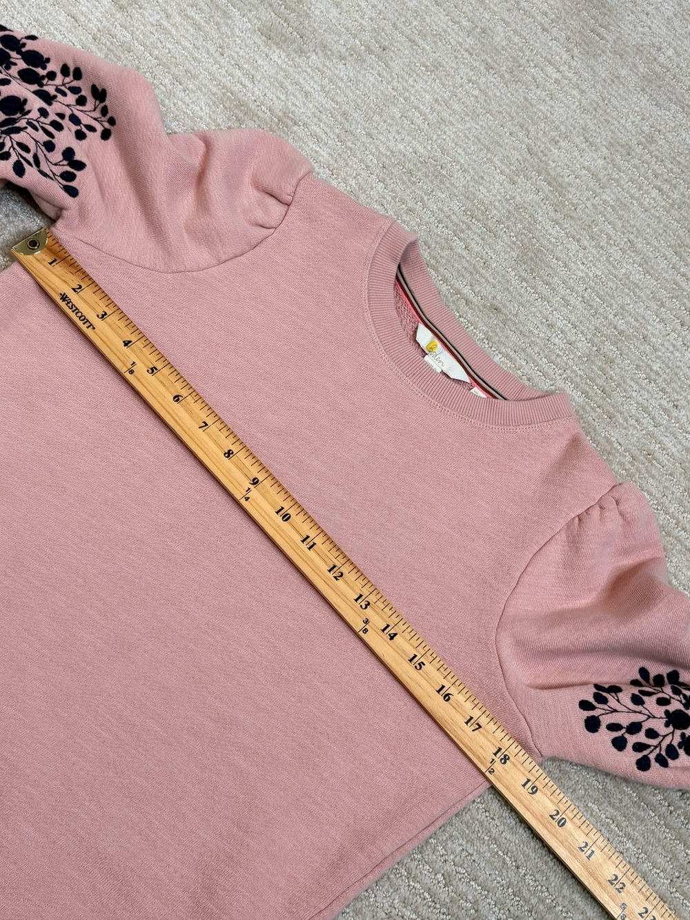 Boden Pink Puff Sleeve Sweatshirt with Black Floral Sleeve Detail - Picture 5 of 9